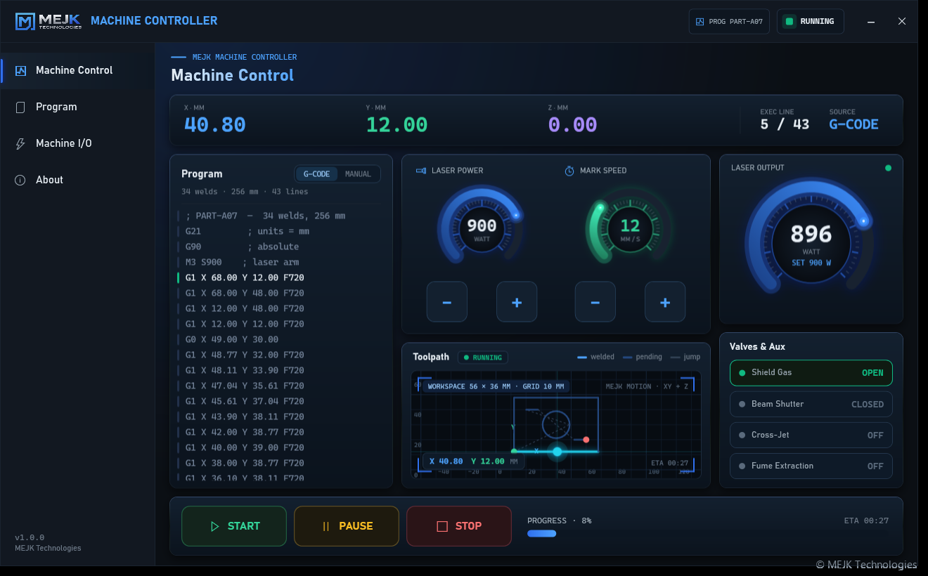 MEJK Machine Controller — demo view