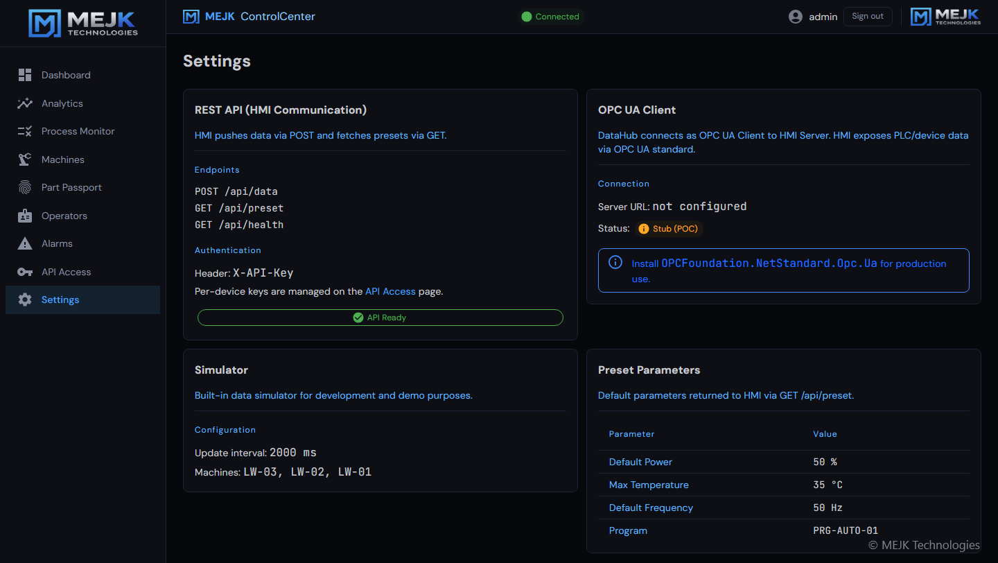MEJK ControlCenter — Settings